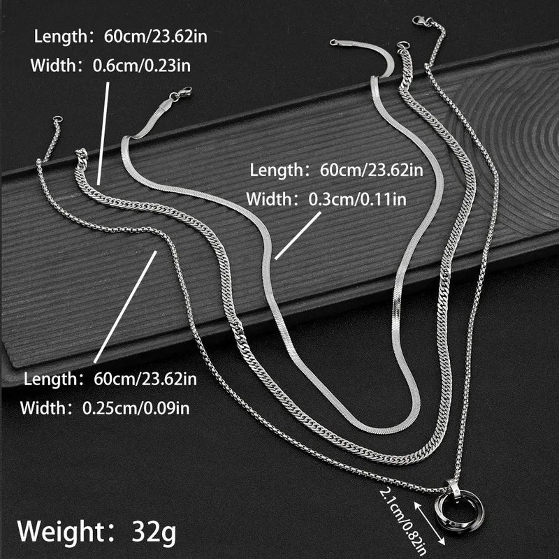 Interlocking Ring Herringbone Cuban Necklace — Stainless Steel