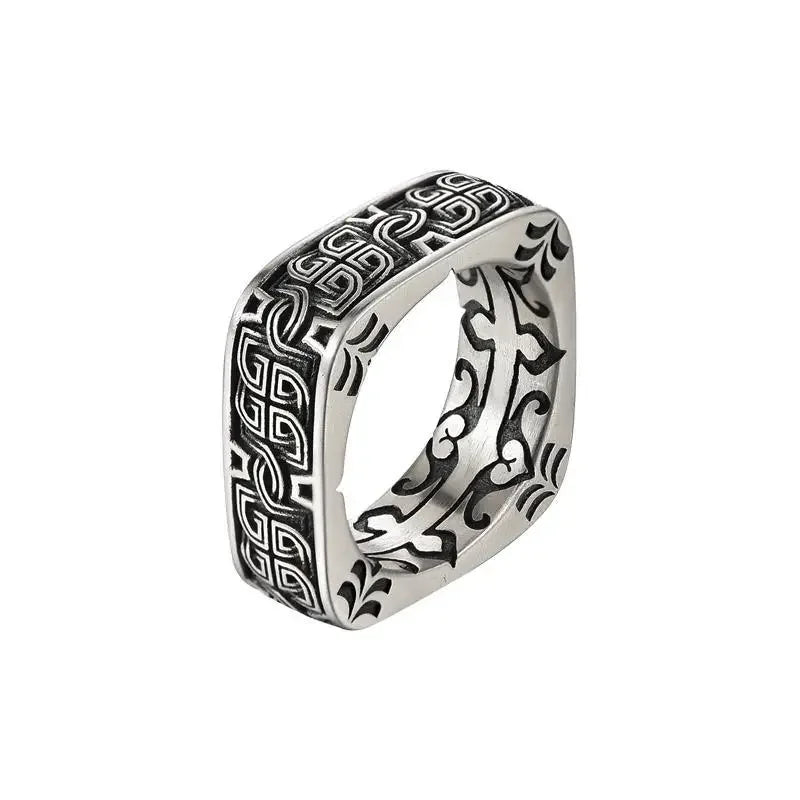 HX Silver Color Men's Ring Retro Square Round Pangu Trend Personality Domineering Handmade Ring Jewelry Accessories