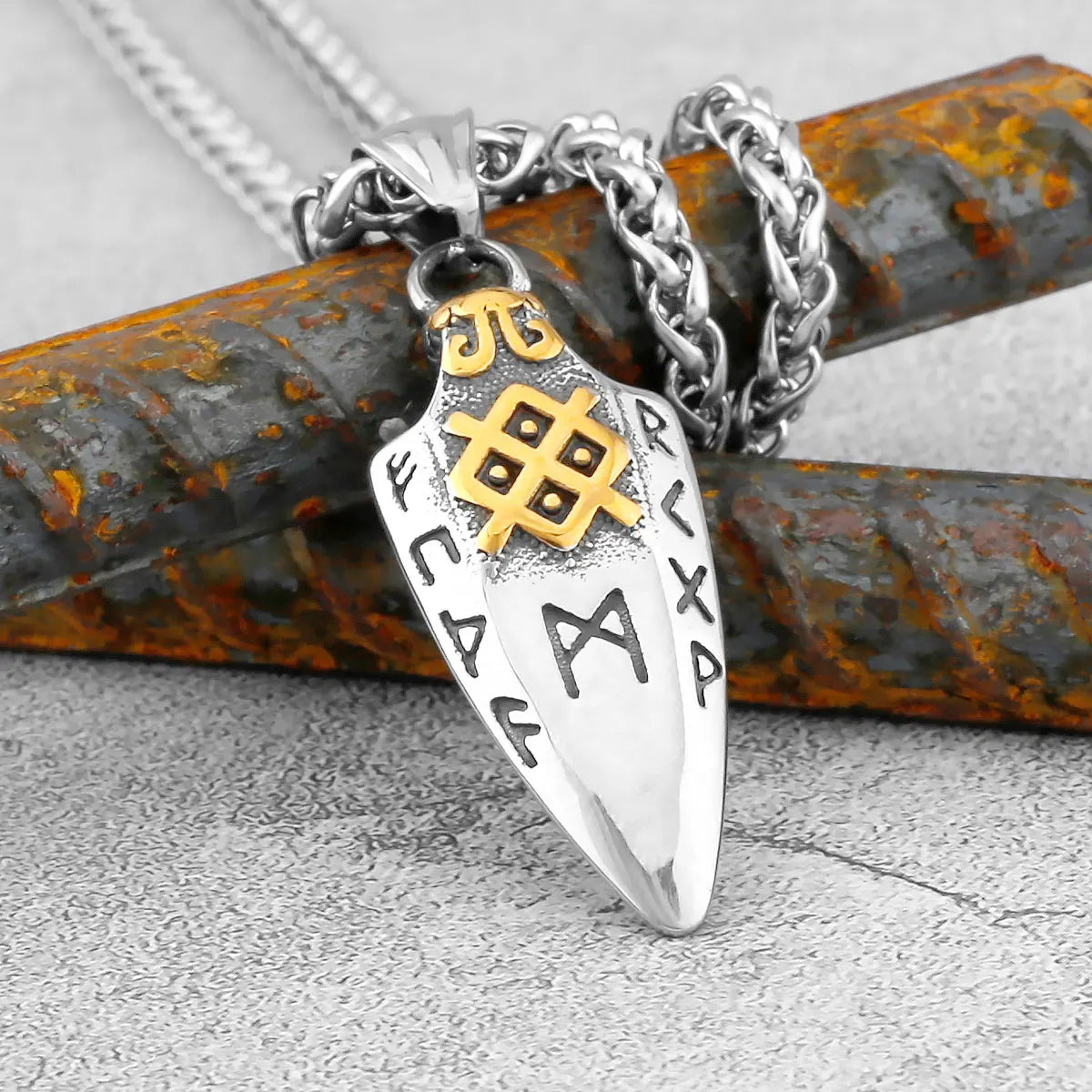 Norse Runes Odin's Spear Necklace Men's Gold Color Stainless Steel Arrowhead Pendant Valknut Talisman Male Vikings