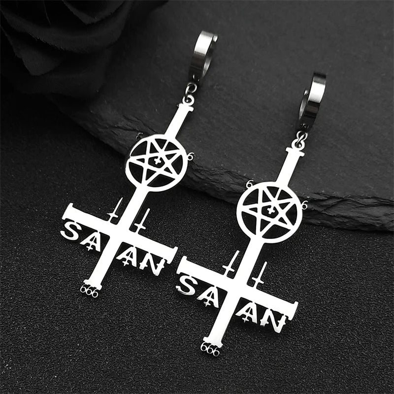 Cross Silver Earrings Satan Inverted Pentagram