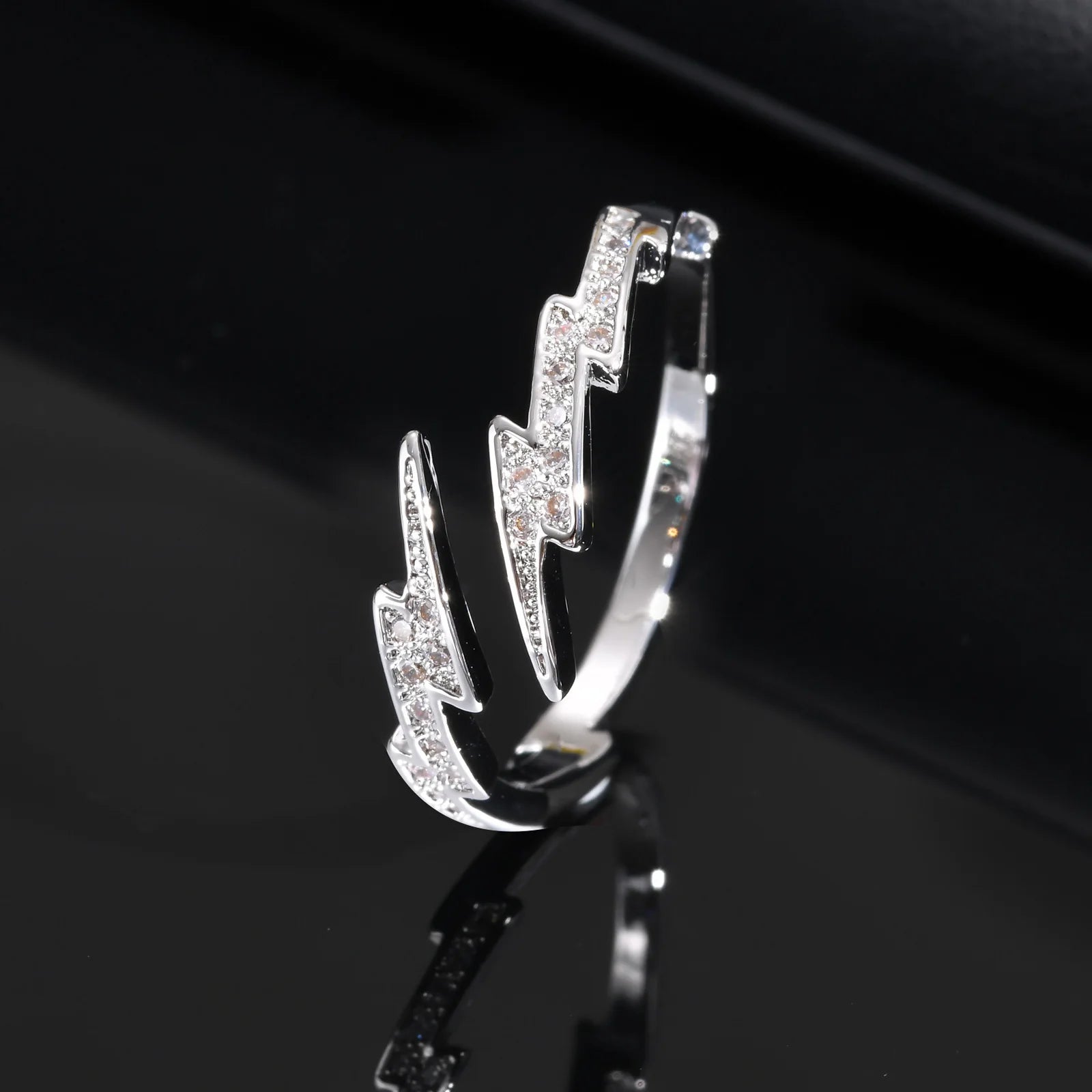 Iced Out Zircon Lightning Open Ring — Stainless Steel