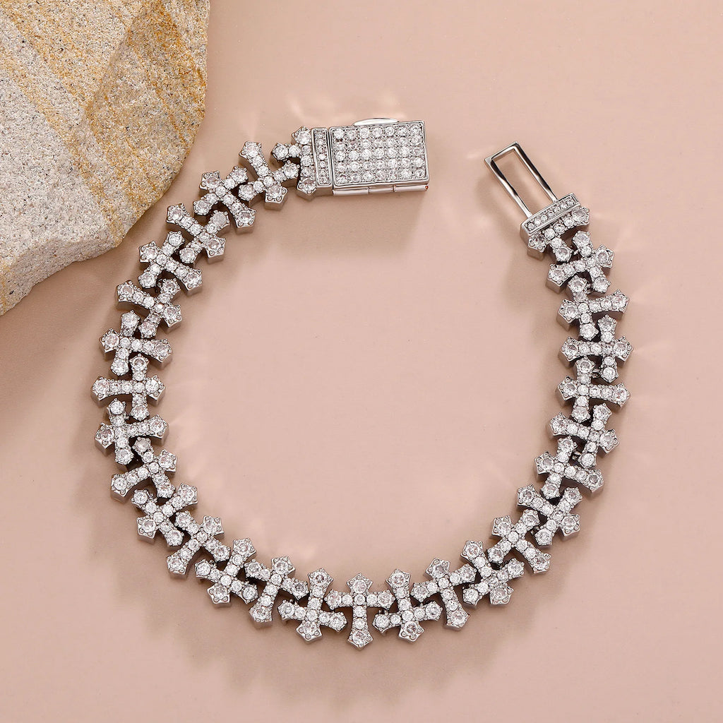 TOPGRILLZ Iced Out Cross Chain Bracelets Full Cubic Zirconia Charm Solid Back Copper Anklets With Box Clasp Fashion