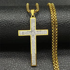Trendy Cross Rhinestone Pendant Necklace For Women Men Stainless Steel Silver Color Religion Catholic Chain Jewelry