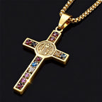 Saint Benedict Jesus Cross Stainless Steel Necklace Catholic Crucifix Male Colored Zircon Necklaces Jewelry San Benito