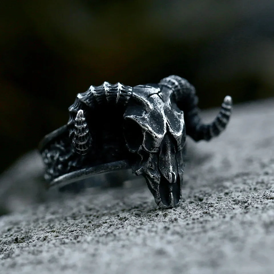 316L Nose Viking Ancient Dish Sheep Head Skull Man Ring Vintage Opening Animal Jewelry with wooden box