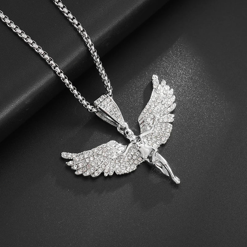 Iced Out Angel Wings Pendant Necklace — Gold