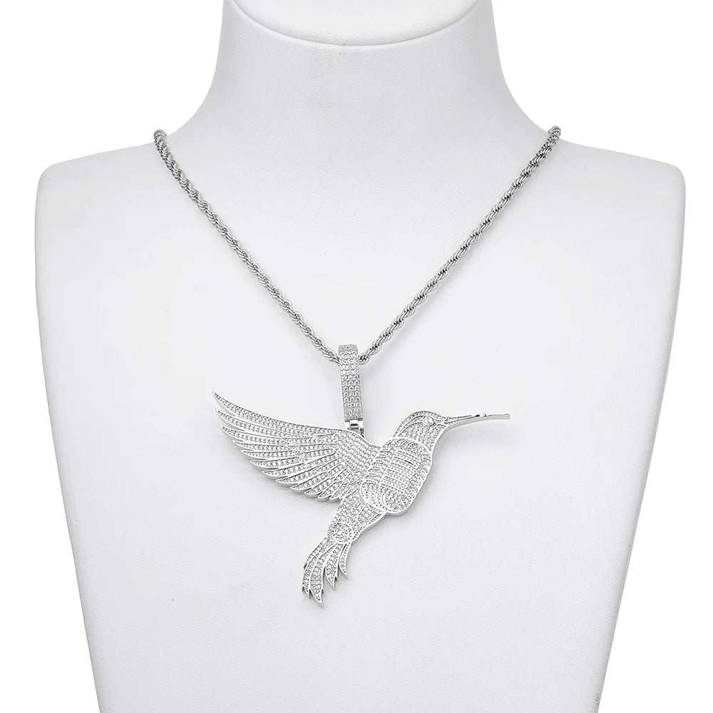 Iced Out Hummingbird Rope Chain Pendant Necklace
