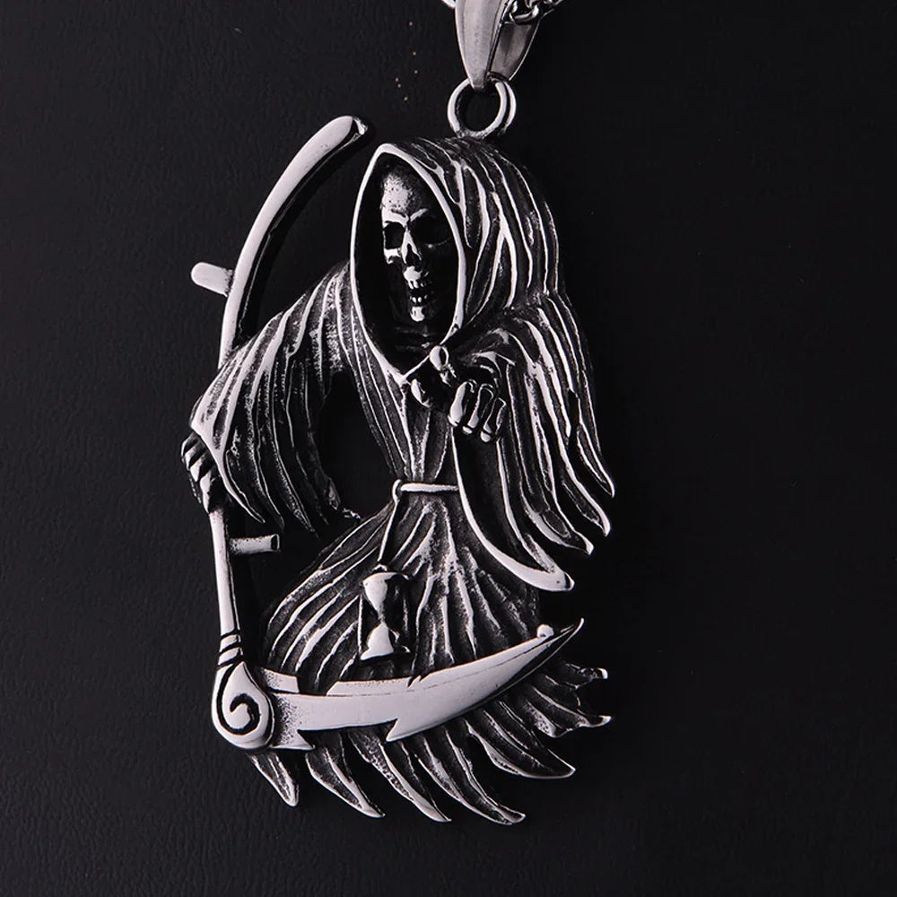 Gothic Stainless Steel Death Scythe Skull Necklace Pendant Punk Biker Men Grim Reaper Pendant Fashionable Men's Chain