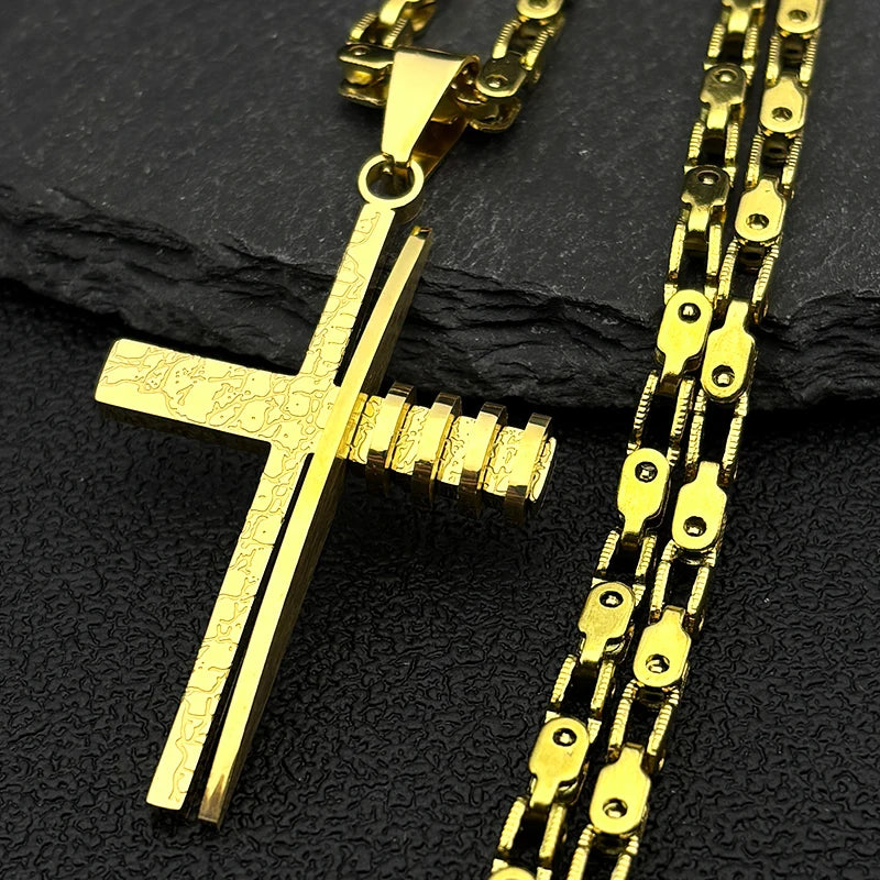 Gold Jesus Cross Pendant Necklace Byzantine — Stainless Steel