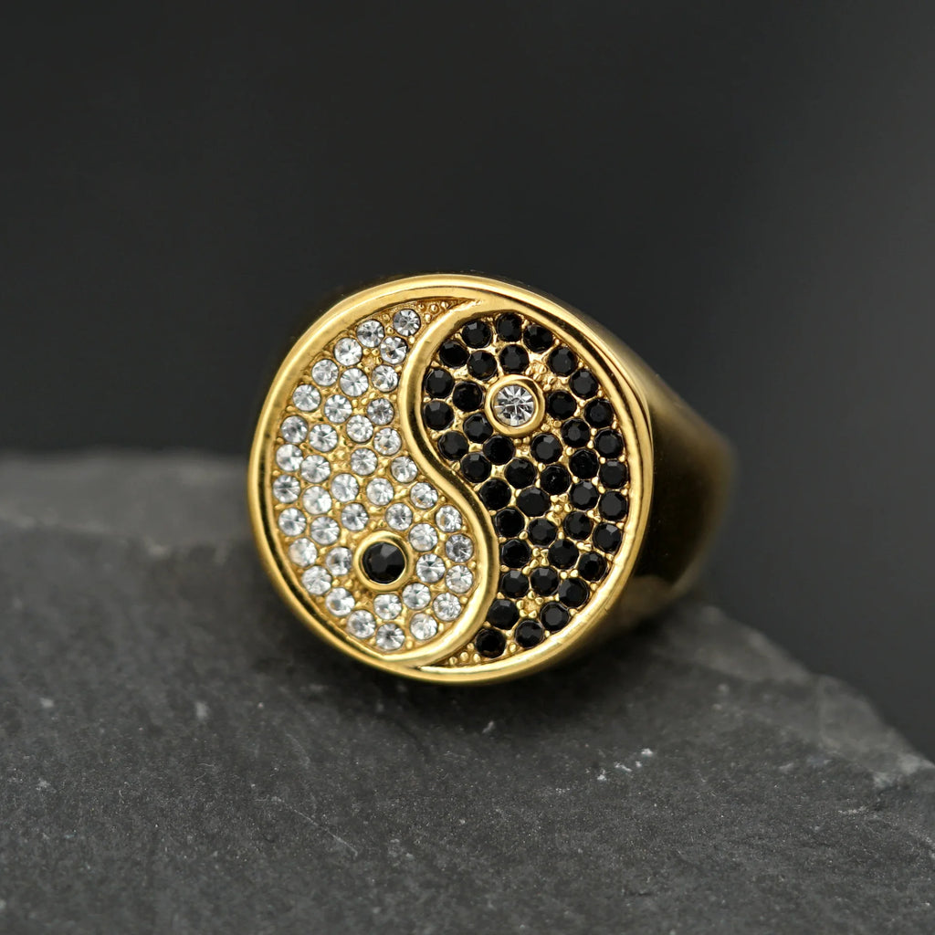 New Retro China Style Tai Chi Diagram Black White Rhinestones 316L Stainless Steel Male Female Ring
