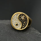 New Retro China Style Tai Chi Diagram Black White Rhinestones 316L Stainless Steel Male Female Ring