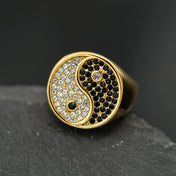 New Retro China Style Tai Chi Diagram Black White Rhinestones 316L Stainless Steel Male Female Ring