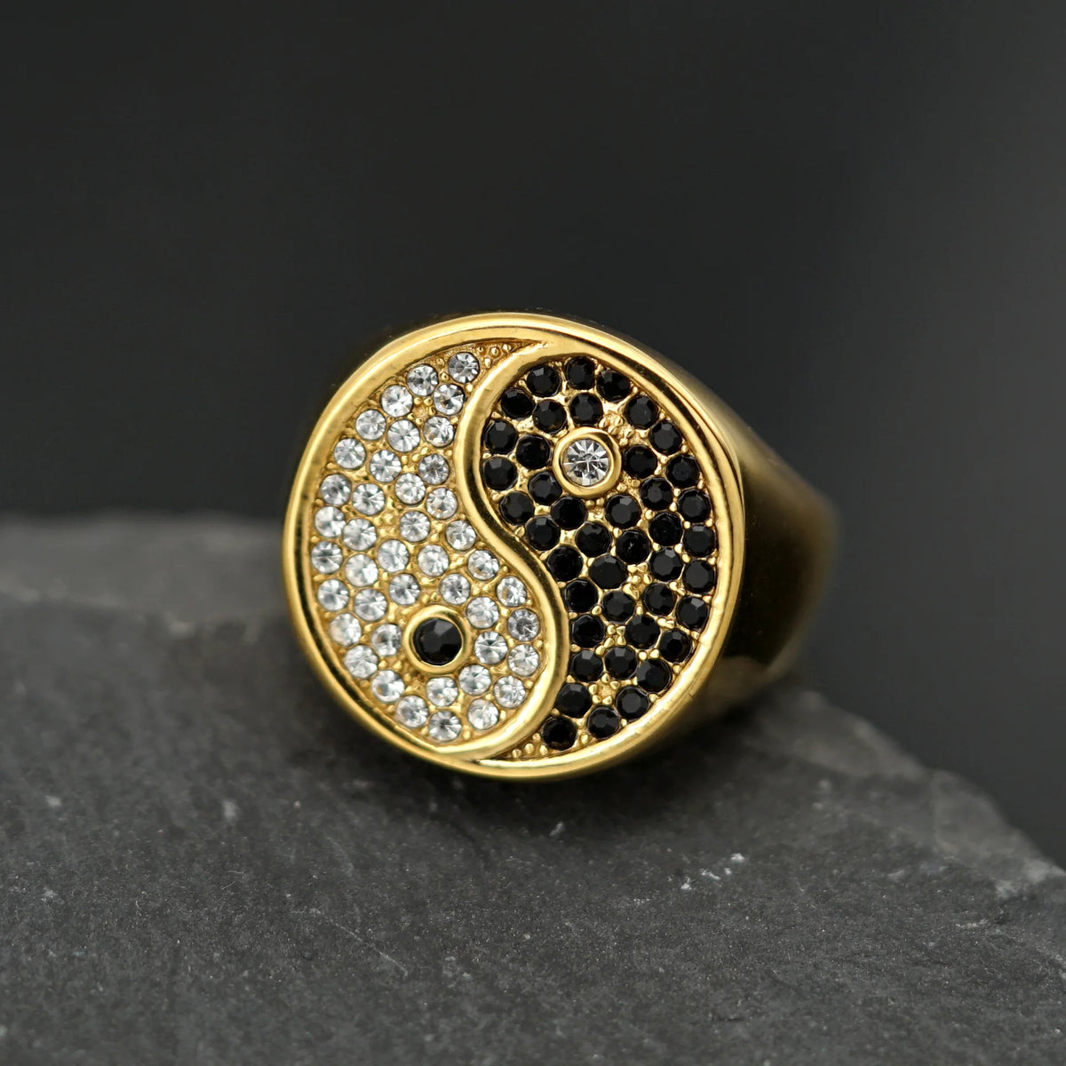 New Retro China Style Tai Chi Diagram Black White Rhinestones 316L Stainless Steel Male Female Ring