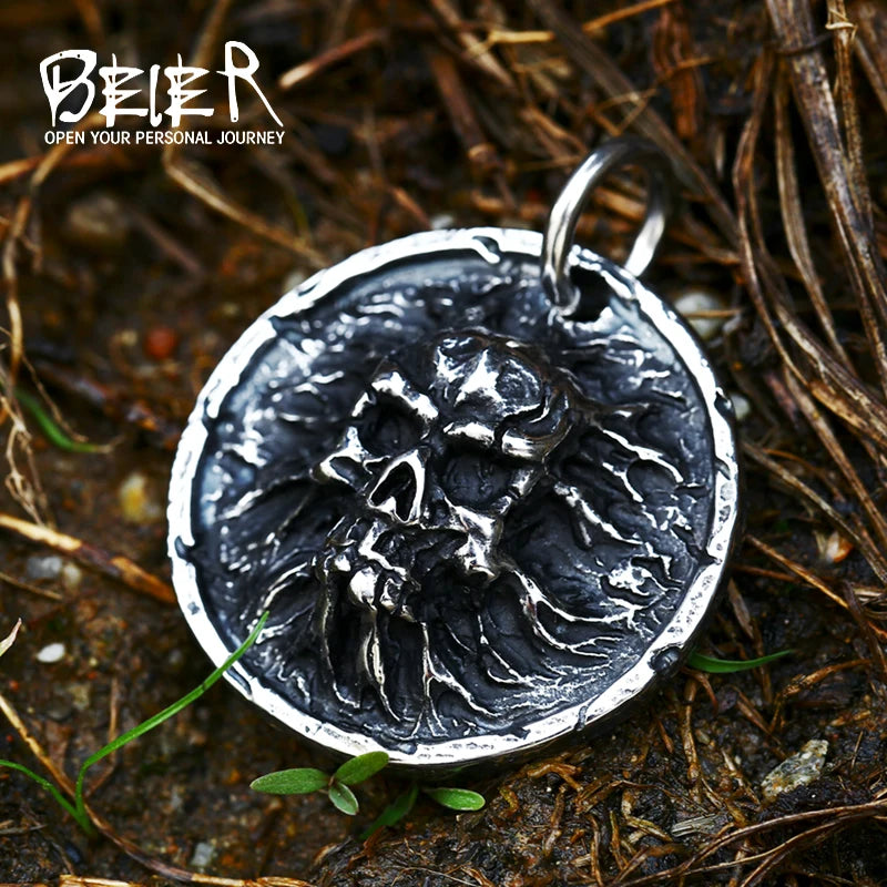 3D Round Skull Pendant Necklace — Stainless Steel