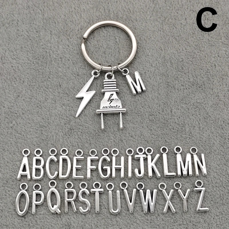 Fashion A-Z Letter Charm Lightning Bolt Plug Electrician Keychain for Electrical Worker Bag Car Keyring Gifts