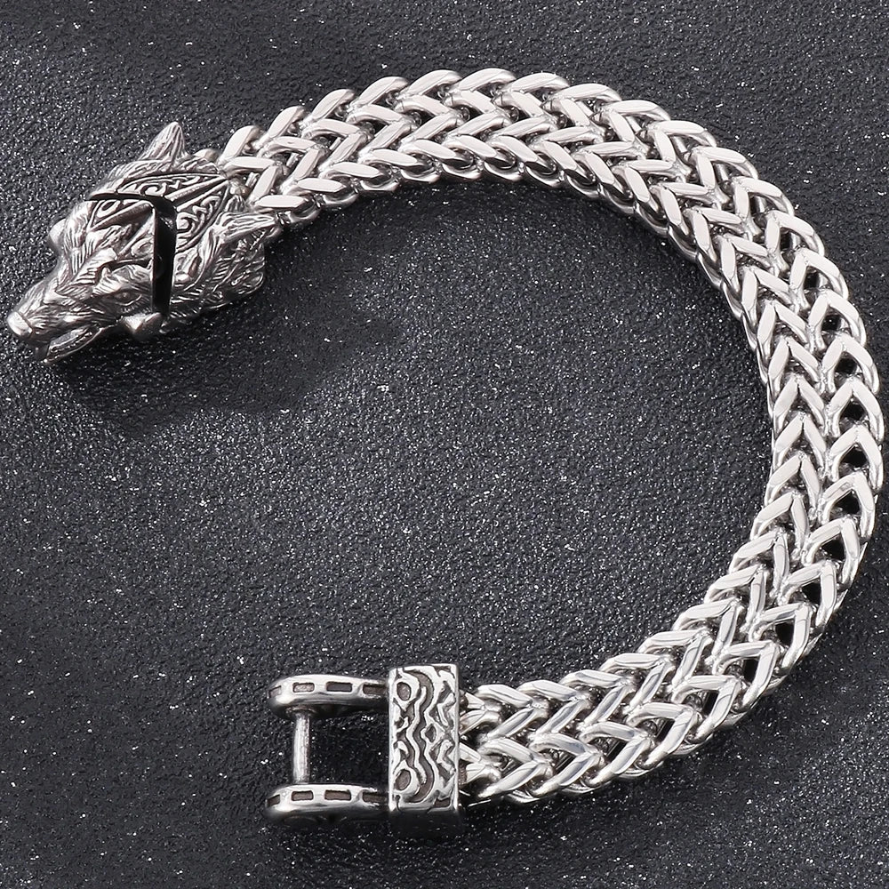 Nordic Viking Jewelry Man Bracelet With Snake Owl Wolf Head Solid Stainless Steel 12MM Mesh Link Chain Men's Bracelets
