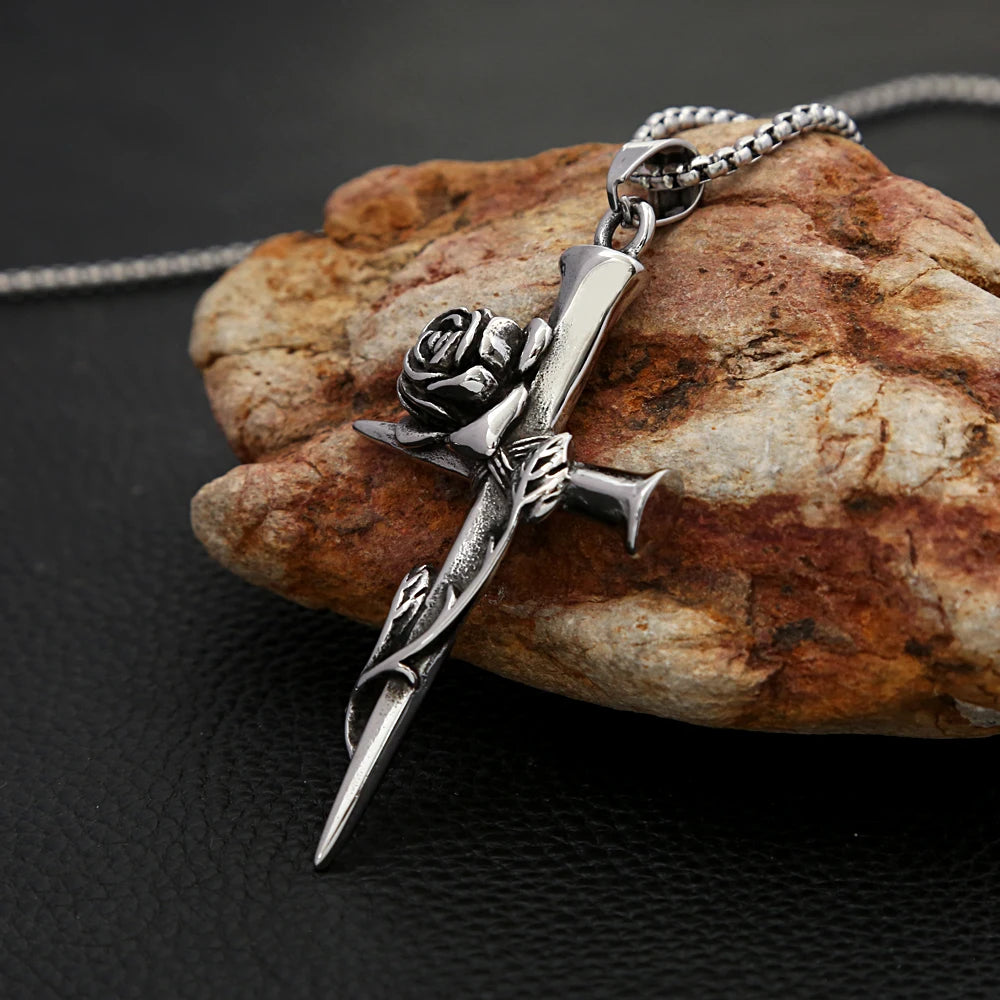 Rose Cross Pendant — Stainless Steel