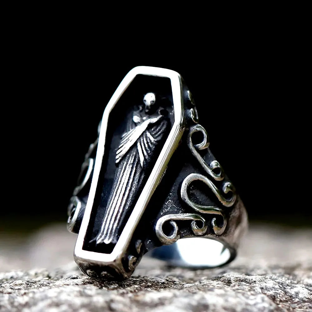 Gothic Coffin Skull Stainless Steel Ring Biker Punk Retro Street Fashion Wear Accessories Party Jewelry Gifts For Men