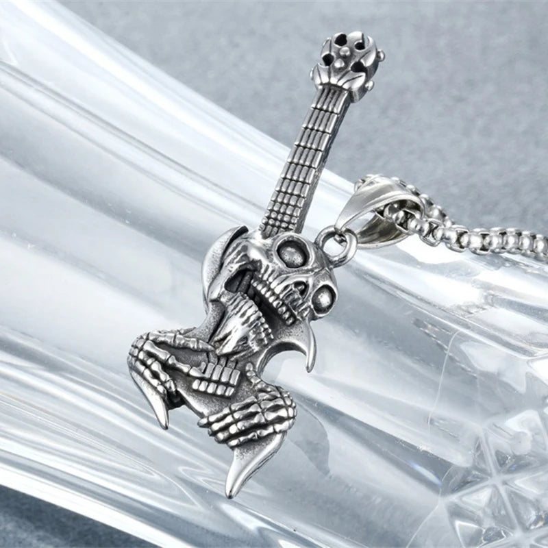 Hip Hop Rock Skeleton Men Guitar Instrument Pendant Necklace Retro Punk Silver Color Stainless Steel Chain Neck Jewelry Gifts