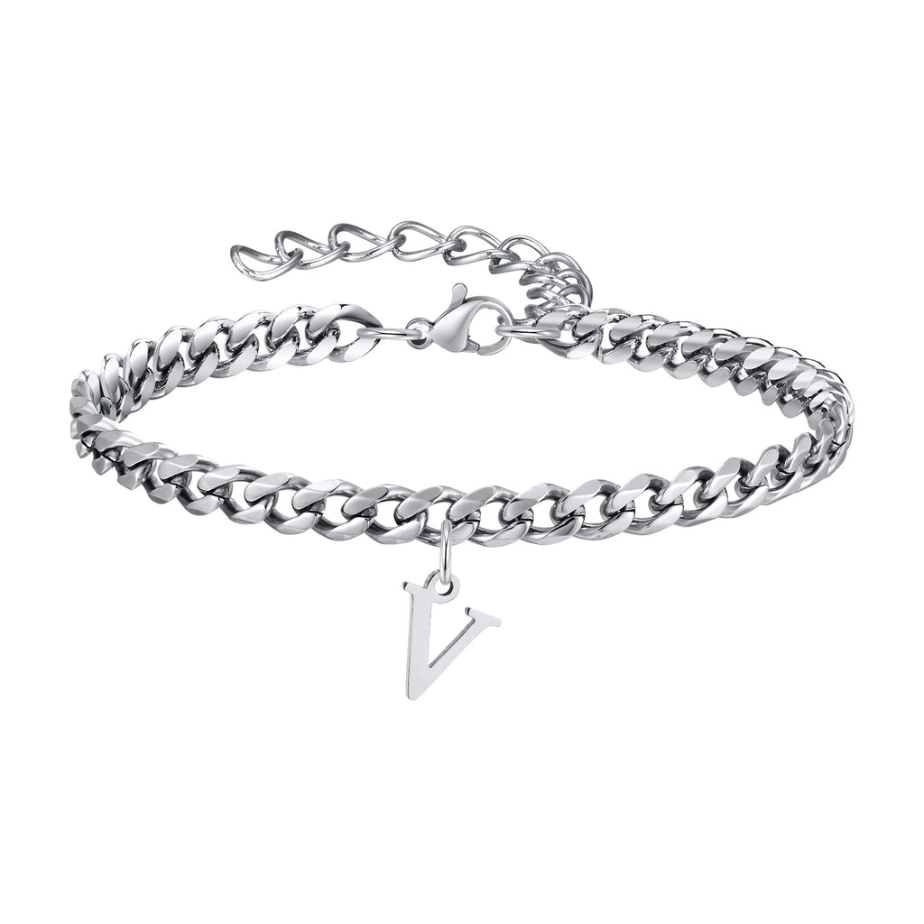 Vnox A-Z Initial Bracelets for Men Women, Never Fade Silver Color Stainless Steel Cuban Chain Bracelet with 26 Letter