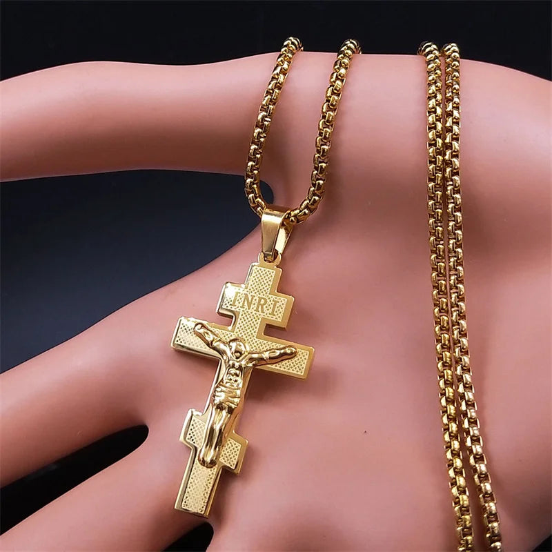Catholic Orthodox Cross Necklace Stainless Steel Gold Color INRI Crucifix Jesus Necklaces Holy Jewelry cordao masculino