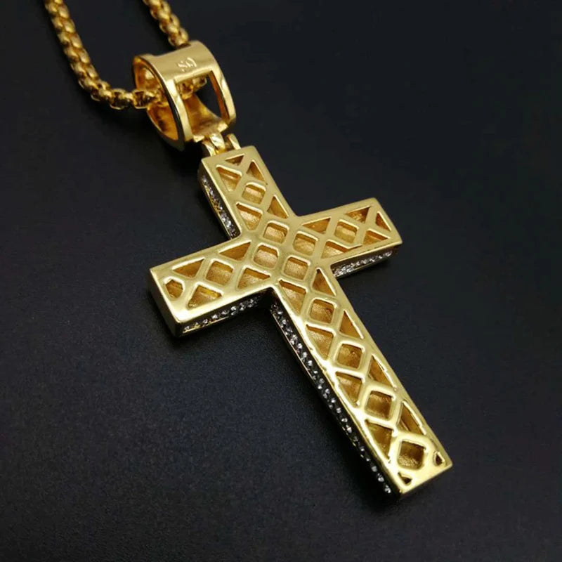 Stainless Steel Cross Pendants Necklaces Gold Color CZ Stone Paved Bling Iced Out Hip Hop Rapper Jewelry with 24" Gold