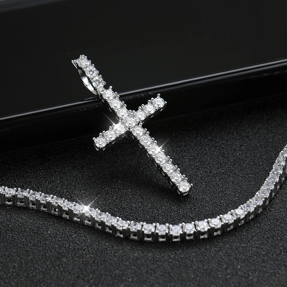 KNOBSPIN Full Moissanite Tennis Necklace with Pendant 925 Sterling Sliver Plated 18k Chain for Man Sparkling HipHop Party Jewely