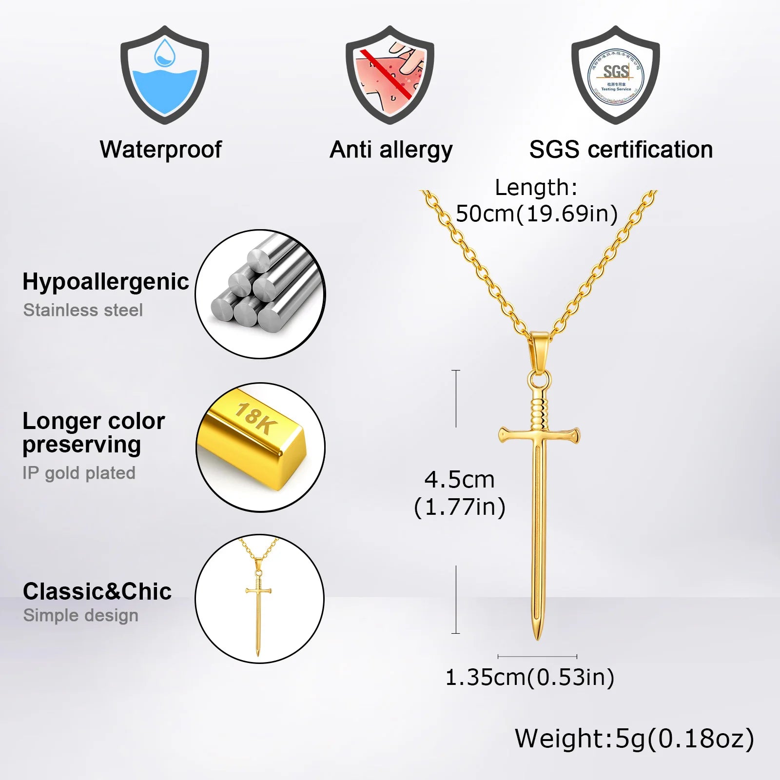 Sword Long Pendant Necklace — Stainless Steel