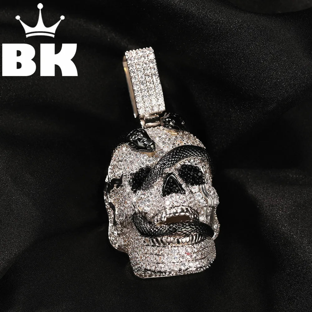 THE BLING KING Iced Out Ghost Skull Head Black Snake Arround Pendant Necklace For Men White Gold Plated Charm Hip Hop Jewelry