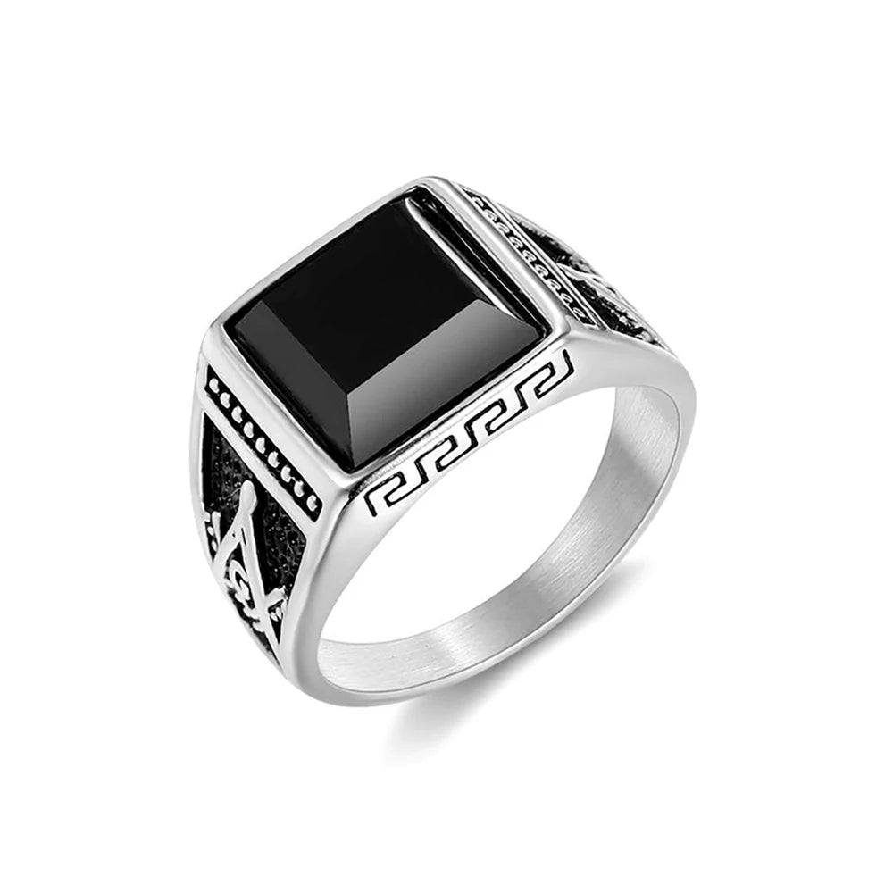 Vintage Black Square Rings For Men Women 316L Stainless Steel Gothic Fashion Masonic Letter G Ring Biker Jewelry Accessories