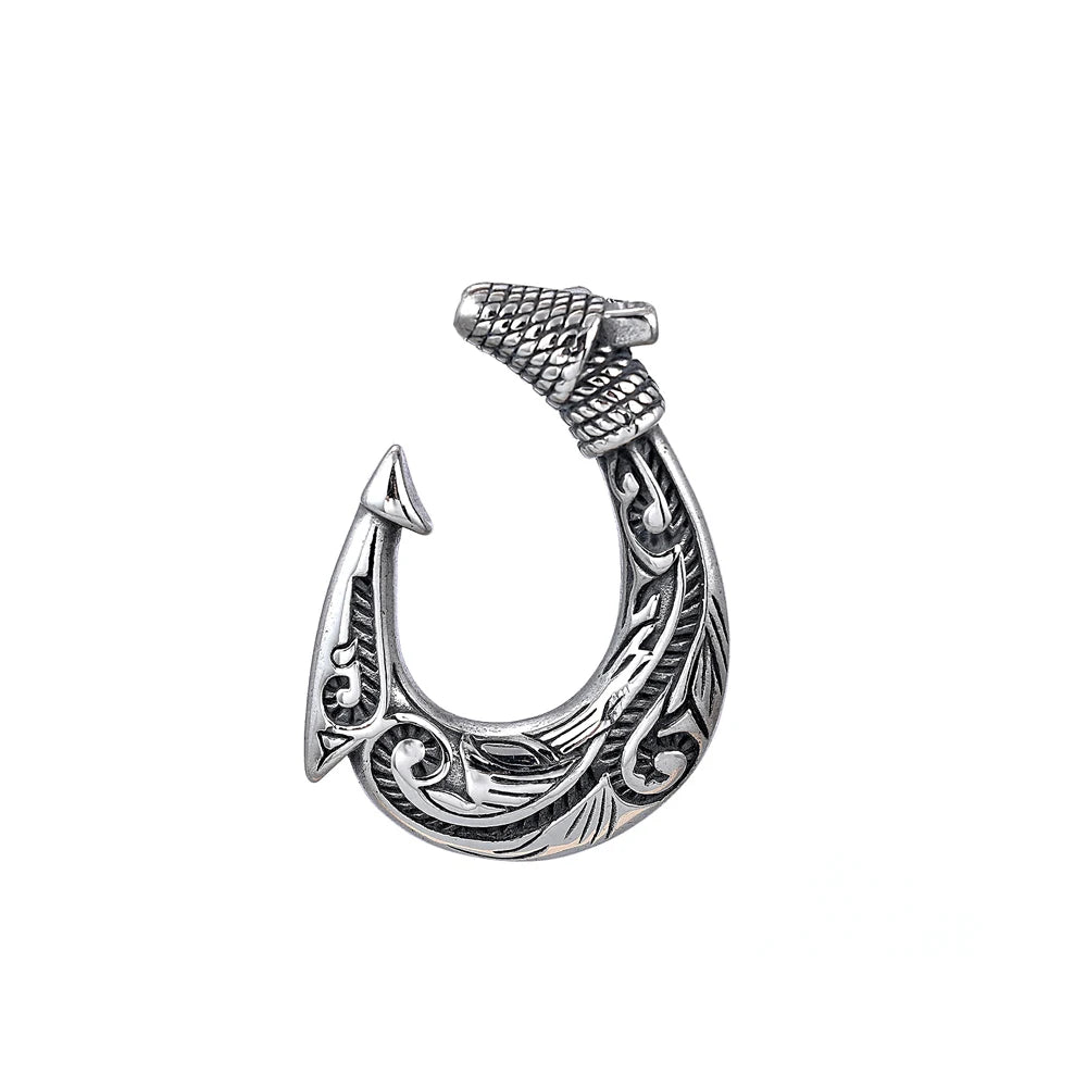 Tribal Swirl Fish Hook Stainless Steel Pendant Necklace Coastal Protective Marine Themed  Men Fishing Beach Casual Holiday Gift