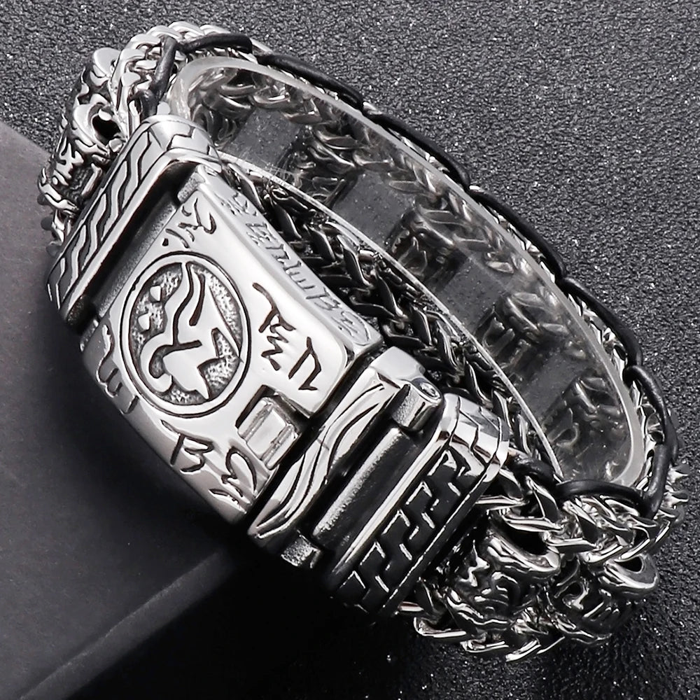 Religious Man Bracelet Stainless Steel 22MM Width Buddhist Scriptures Link Men's Bracelets Leather Wristband On Hand