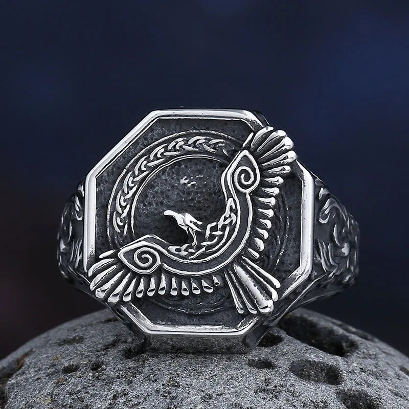 Amulet 2023 New 316L Stainless Steel Norse Mythology Flying Eagle Ring For Man Women Viking Pattern Jewelry Party Gift