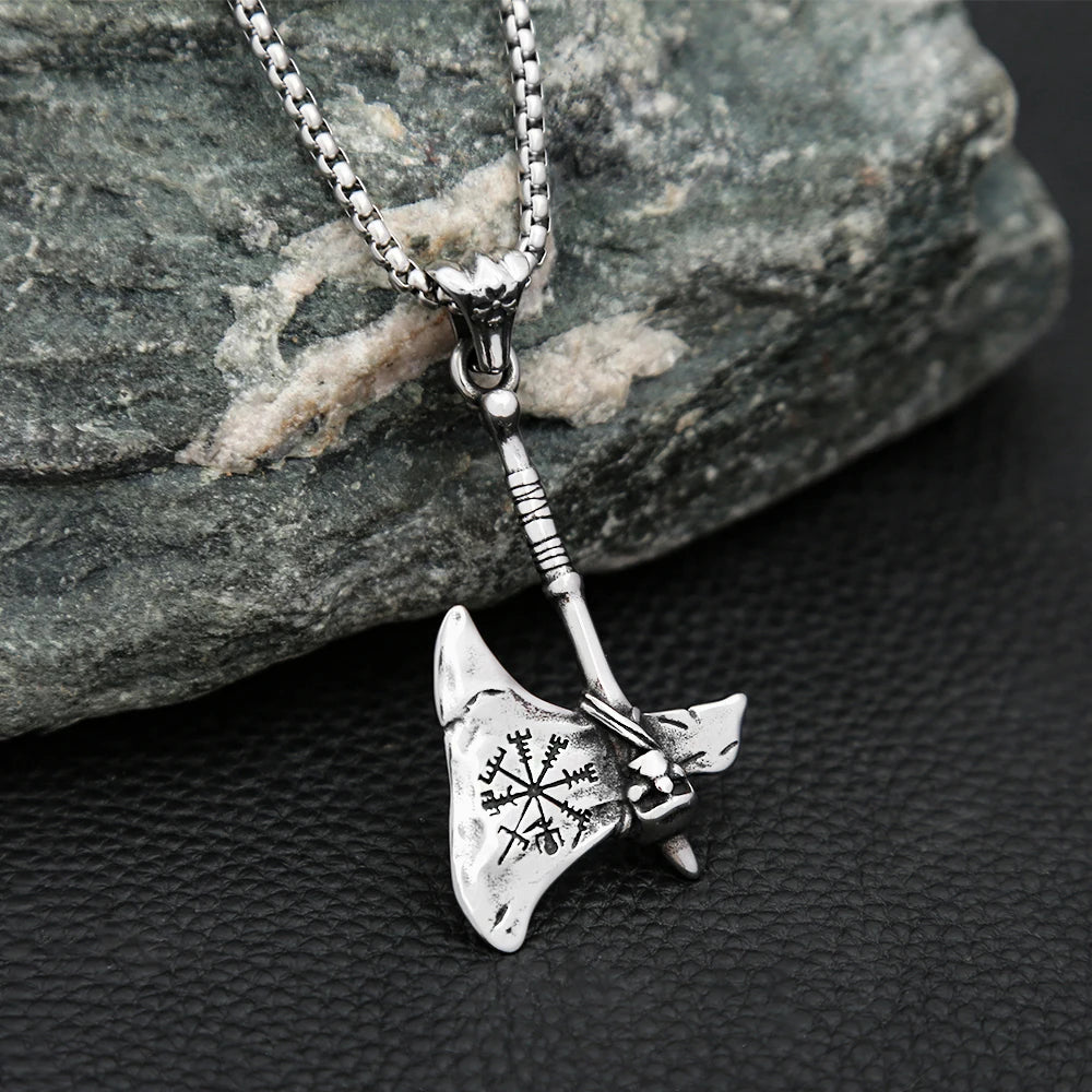 Viking Steel Pendant Vintage Warrior Axe Vegvisir