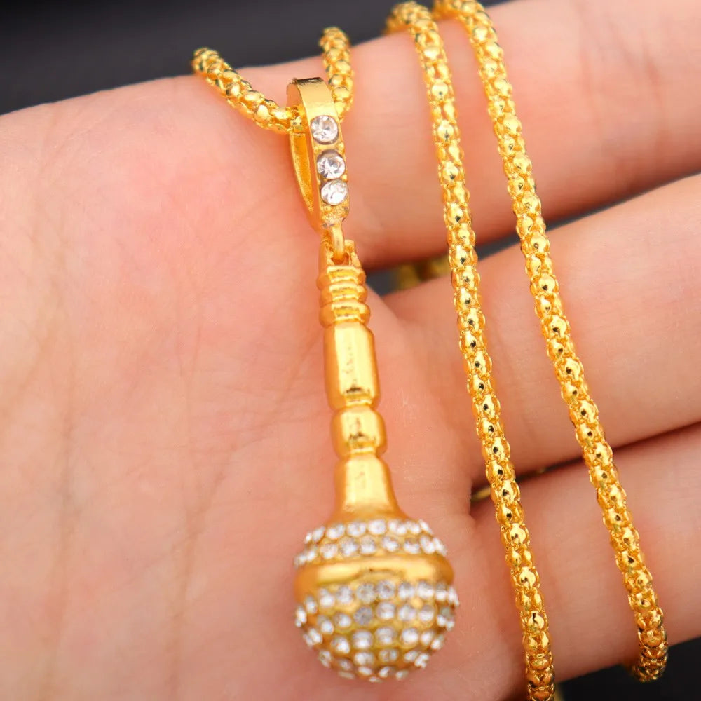 New Personality Gold-Plated Microphone Necklace Man Woman Hip Hop Rock-Encrusted Microphone Pendant Accessories Party