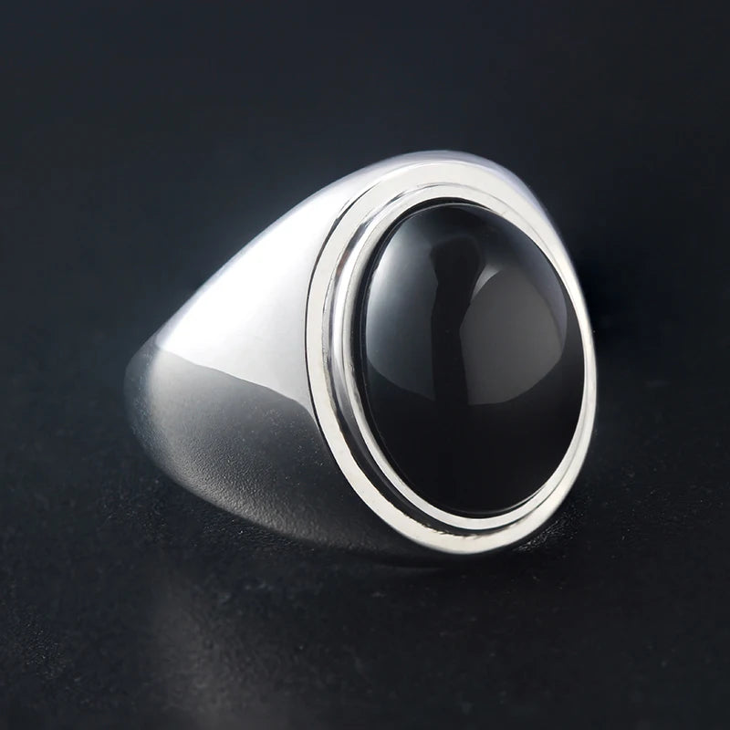Black Agate Letter Ring — 925 Silver
