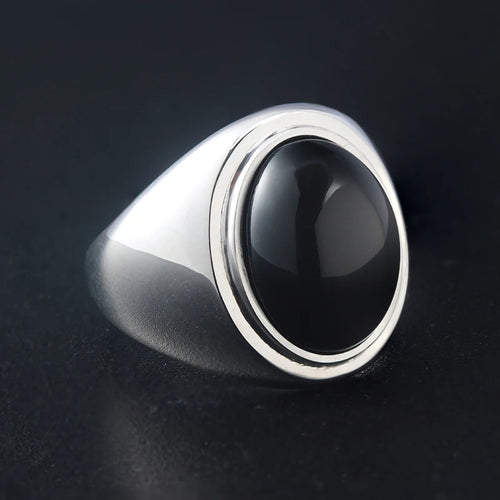 Black Agate Letter Ring — 925 Silver