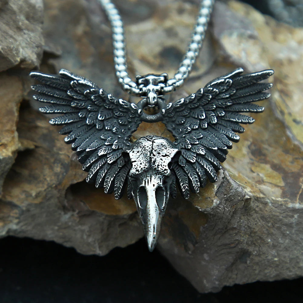 Vintage Punk Raven Skull Pendant Black Stainless Steel Wing Necklace Men Biker Unique Animal Amulet Jewelry Gifts