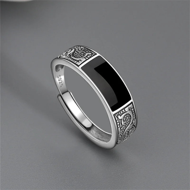 Trendy 925 Sterling Silver Ring For Men Jewelry Black Rectangle Retro Dragon Pattern Ring Male Infex Finger Accessories