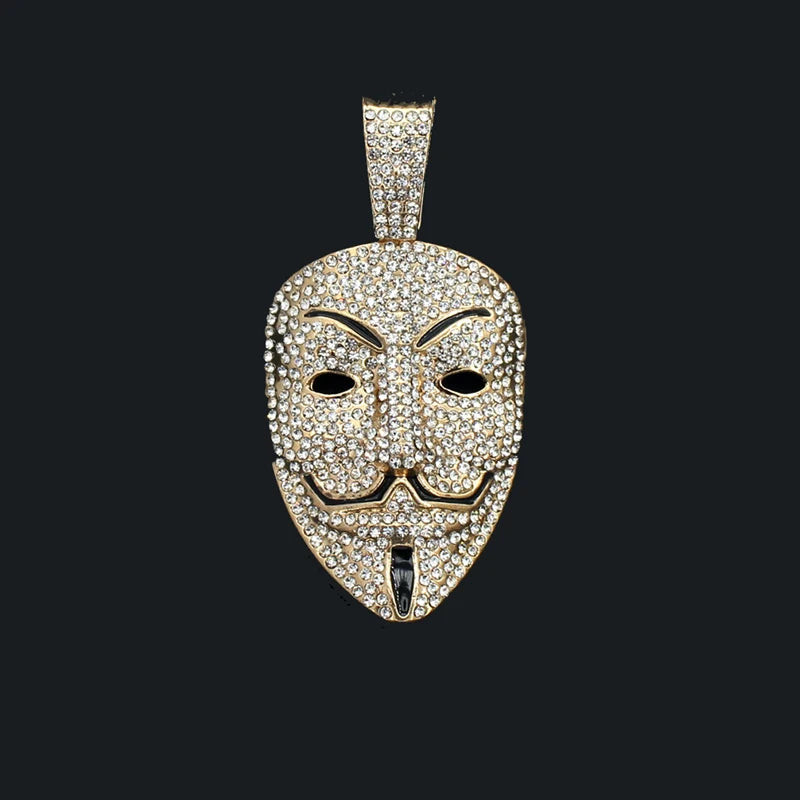 Men Women Hip Hop Large Rhinestone Mask Pendant Necklace With Twist Rope 4mm Tennis Chain HipHop Necklaces Fashion Jewelry Gift