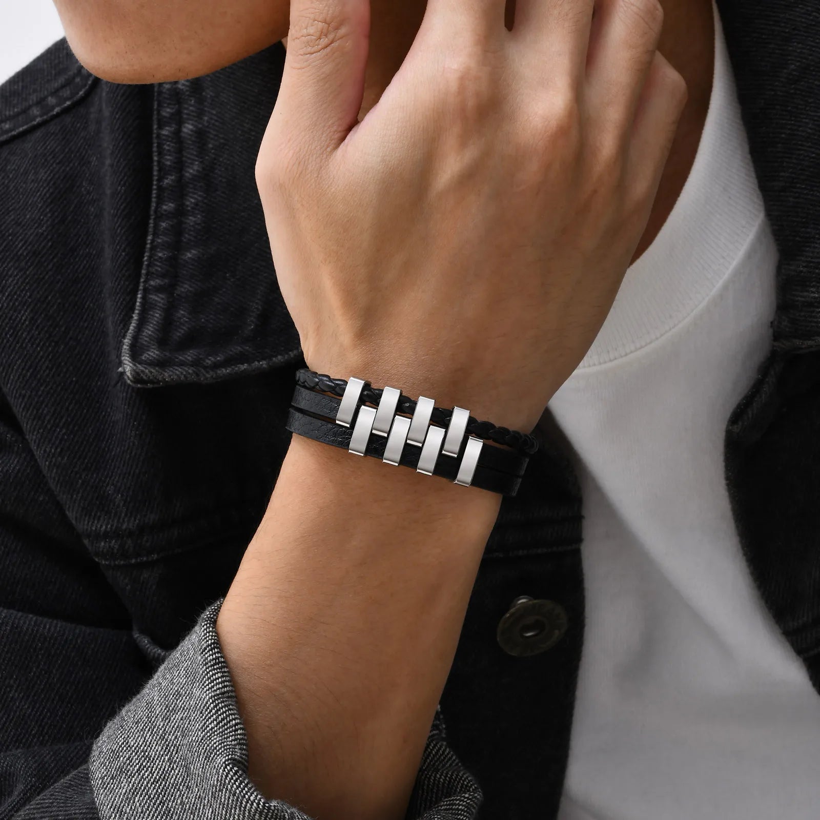 Leather 3-Layer Black Bracelet — Stainless Steel