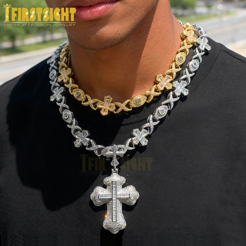 2025 New Iced Out Cross Pendant Necklace for Men Women Bling Gold Color Cubic Zirconia Infinity Link Eye Charm Hip Hop