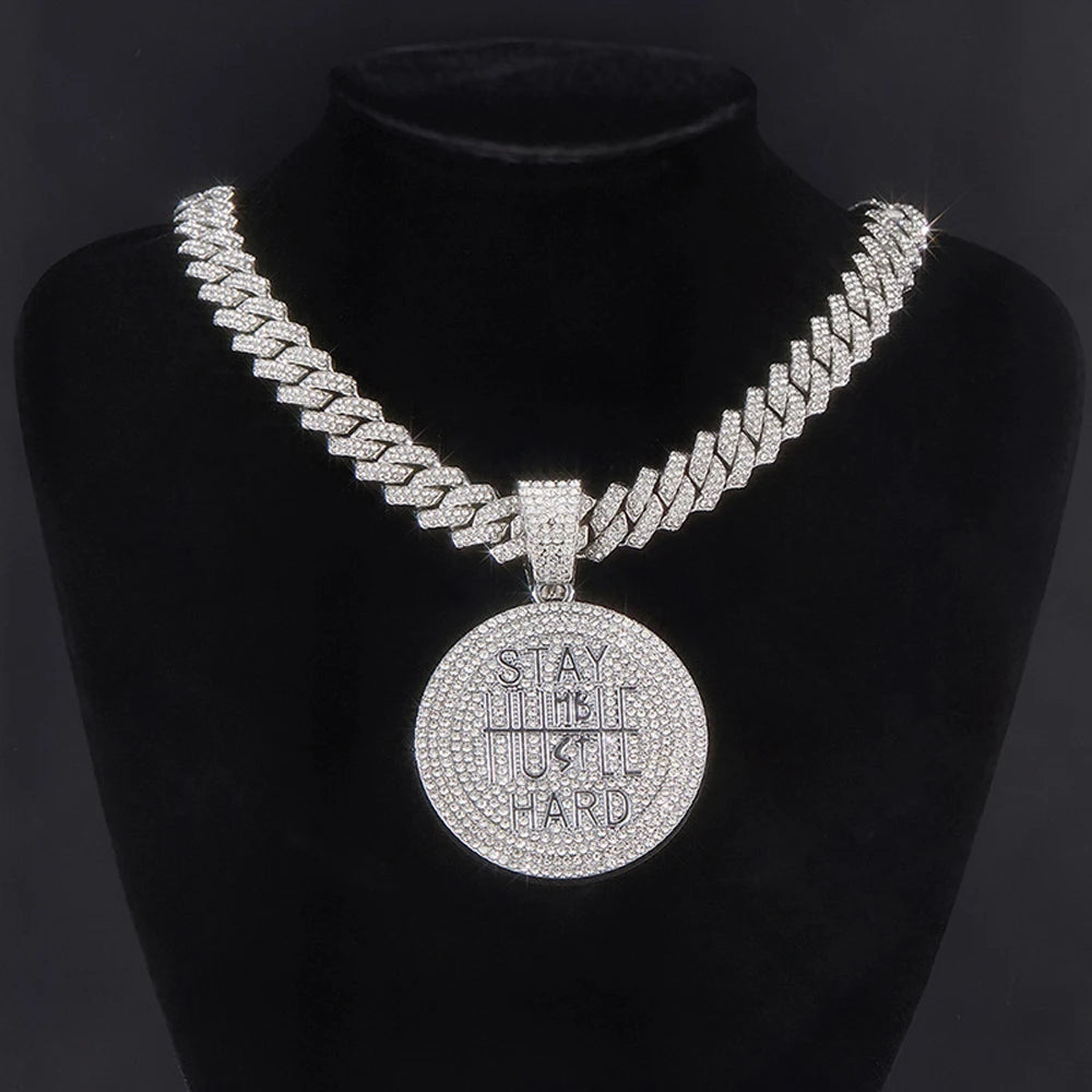 Hip Hop STAY HARD Letter Pendant Cuban Chain Necklace Punk Gold Color Iced Out Bling Necklaces Fashion Charm Men Women