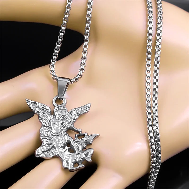 Archangel St.Michael Protect Me Necklace for Women Men Stainless Steel Saint Protection Chain Jewelry corrente