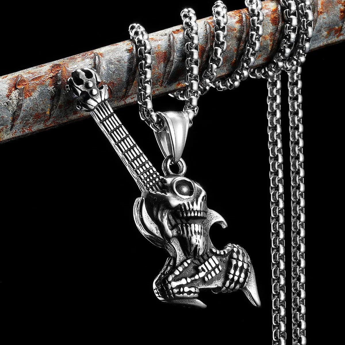 Skull Guitar Pendant Necklace — Stainless Steel