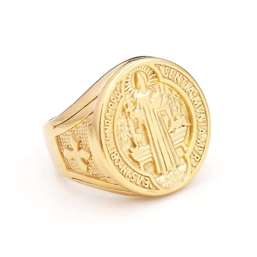 Cross Saint Benedict Steel Ring Vintage 316L Religious