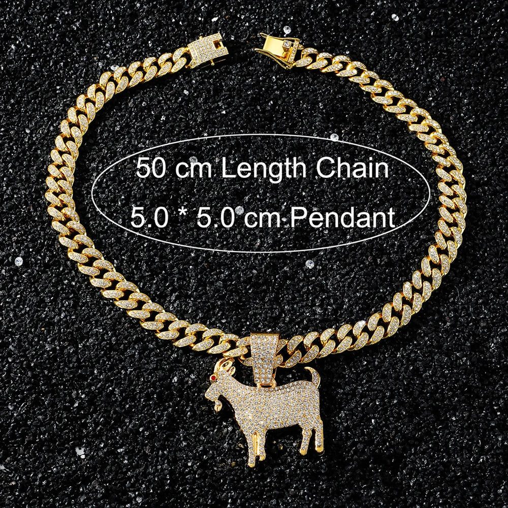 Men Hip Hop Fashion Full Rhinestone Animal Goat Pendant Necklace with 13mm Miami Cuban Chain Necklaces Rapper Rock