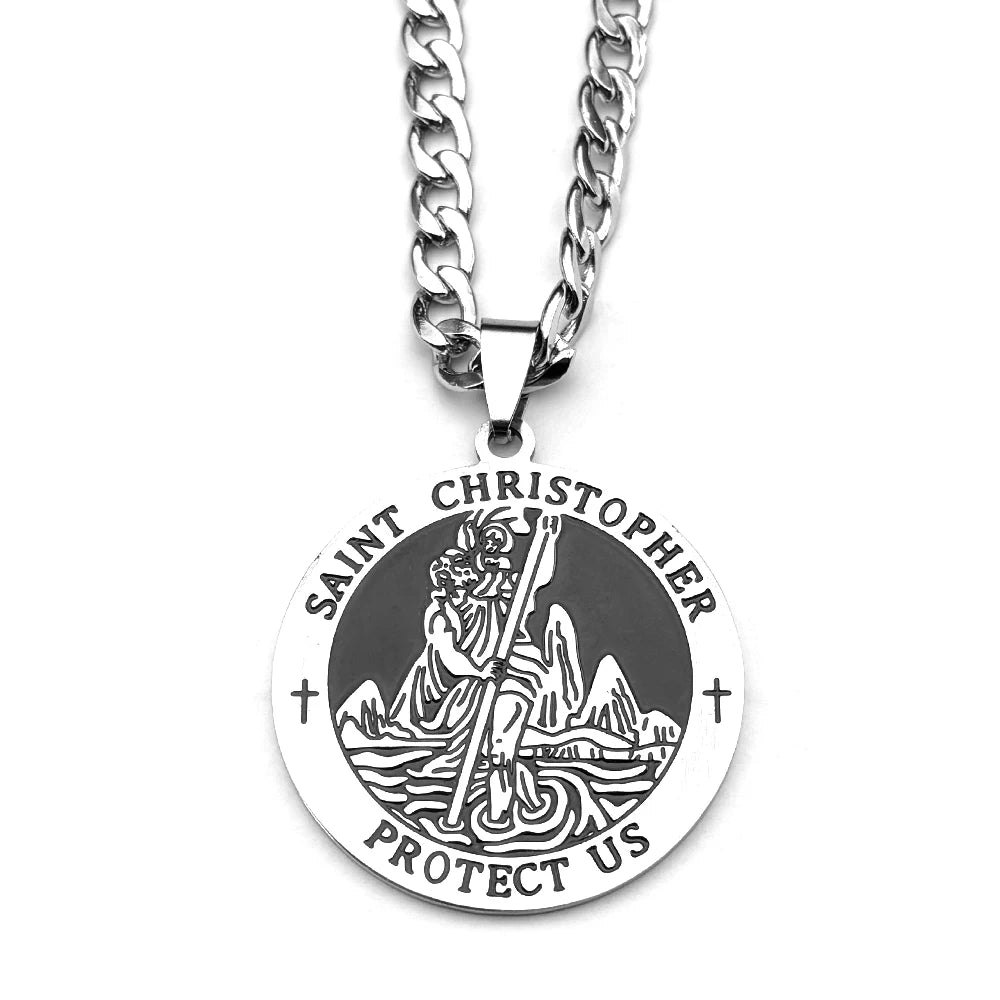 Saint Christopher Protect Us Enamel Medal Pendant Necklace for Women Men Stainless Steel Christian Chain Amulet Jewelry