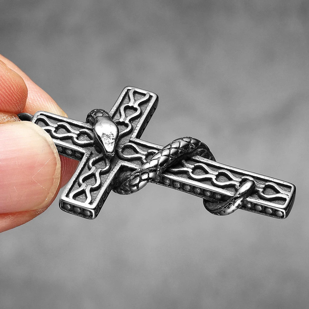 Snake Cross Pendant Necklace — Stainless Steel