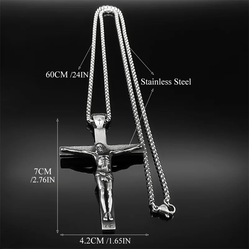 Stainless Steel Christian Jesus Cross Crucifix Pendants Necklaces for Men Women Silver Color Chain Necklaces Jewelry